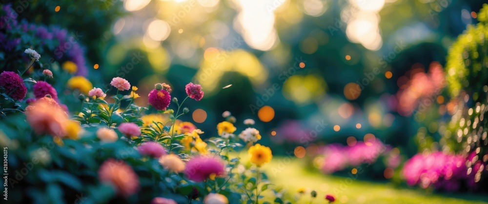 Poster colorful flower garden illuminated by soft sunlight with blurred background and floating pollen part