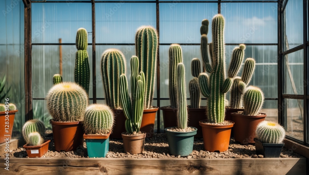 Poster cacti collection in greenhouse under bright sunlight creating beautiful shadow patterns