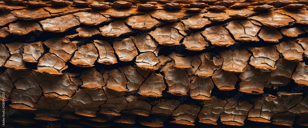 Poster close-up textured bark of an old tree displaying intricate patterns and deep cracks in rich brown an