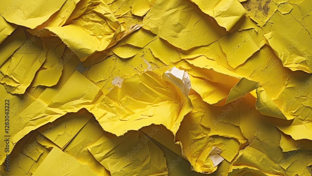 Poster yellow crumpled paper texture background with various shades and creases for use in design and artis