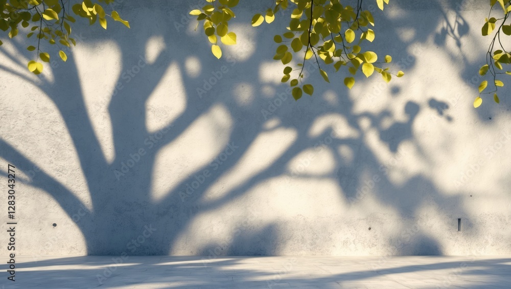 Poster tree shadow on a textured concrete wall with scattered sunlight filtering through green leaves in a 