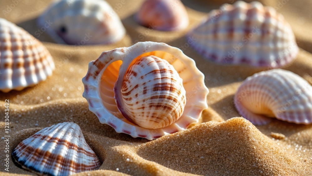 Poster close-up view of various seashells on sandy beach with textured background and natural soft lighting