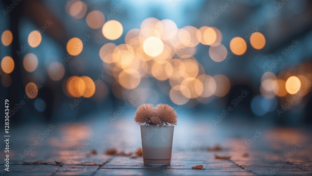 Aufkleber bokeh background featuring soft glowing orbs with a delicate flower arrangement in a glass, creating