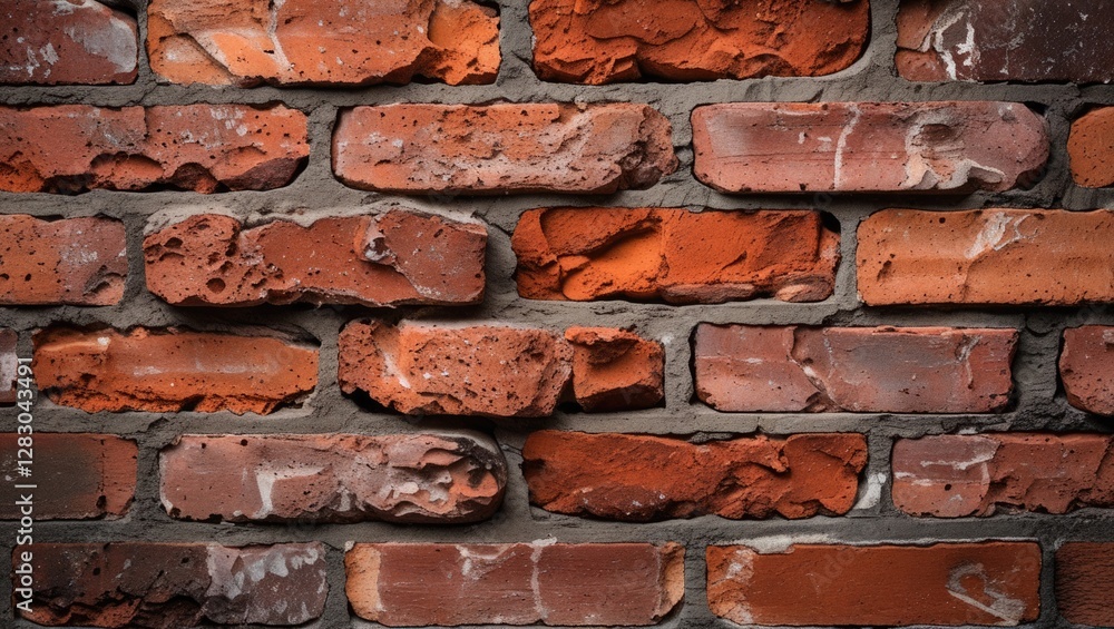 Poster textured red brick wall with visible imperfections and variations in color showcasing rustic archite