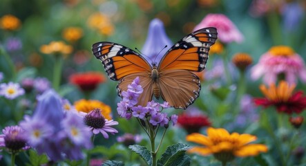 Naklejka premium Colorful Butterflies Among Vibrant Blossoms in a Lush Flower Garden Celebrating Nature's Beauty and Pollination in Springtime