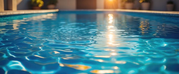 Serene blue swimming pool water reflecting sunlight in a peaceful outdoor setting with lush greenery around the edge.