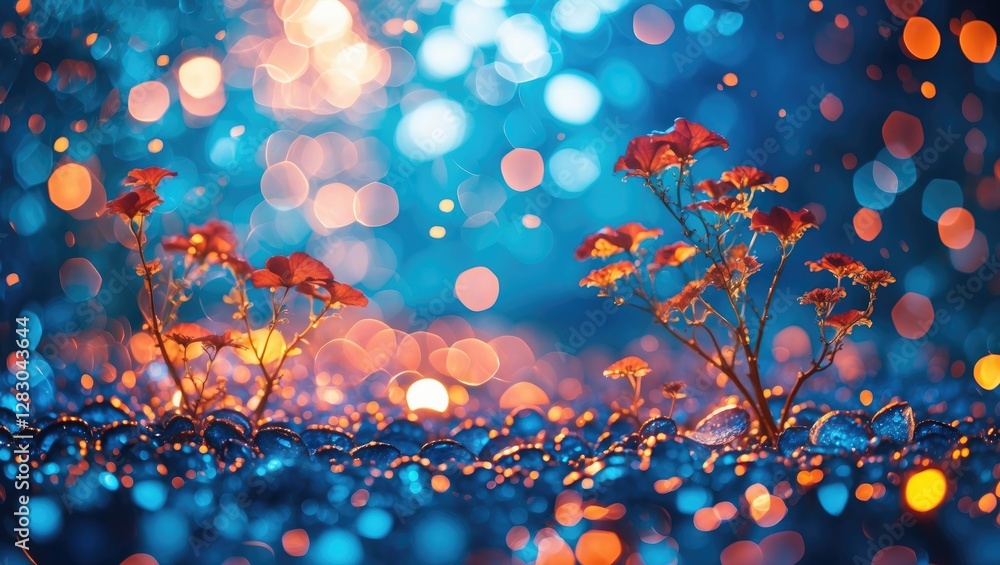 Poster vibrant blue and orange bokeh background with delicate flowers creating a dreamy and enchanting atmo