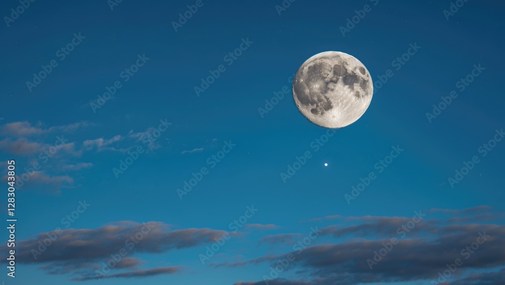Poster serene sky with a bright full moon and scattered clouds creating a tranquil nighttime atmosphere for
