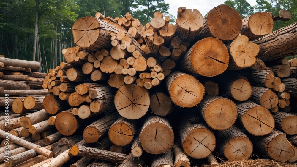 Poster stacked logs with cross-sectional views displaying rings and bark textures in a forested environment