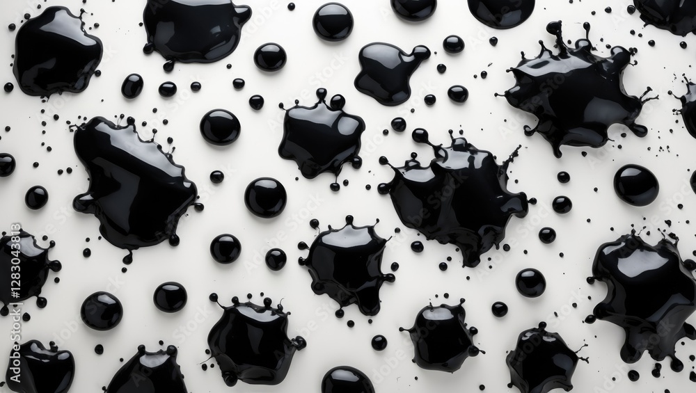 Poster black ink blots and droplets on a white background creating an artistic abstract composition for des