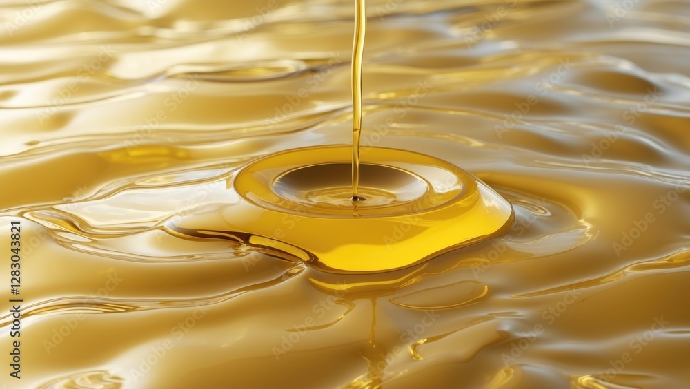 Poster golden liquid flowing into rippling water surface creating a smooth circular pattern in a reflective