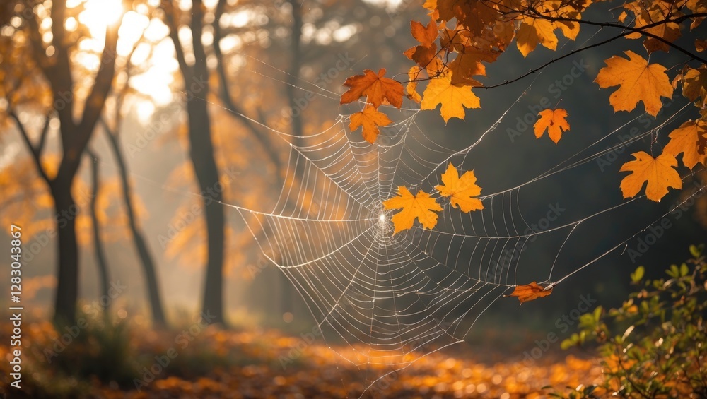 Poster autumn forest scene featuring a spider web adorned with colorful maple leaves illuminated by soft su