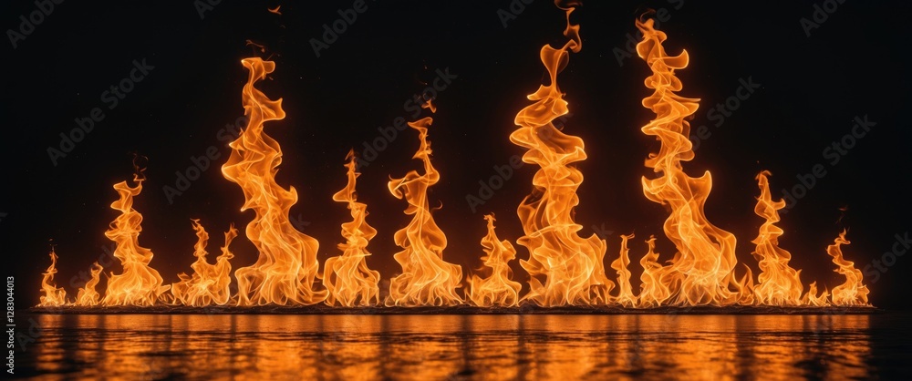 Poster flames rising from a reflective surface creating a dramatic and vivid effect against a dark backgrou