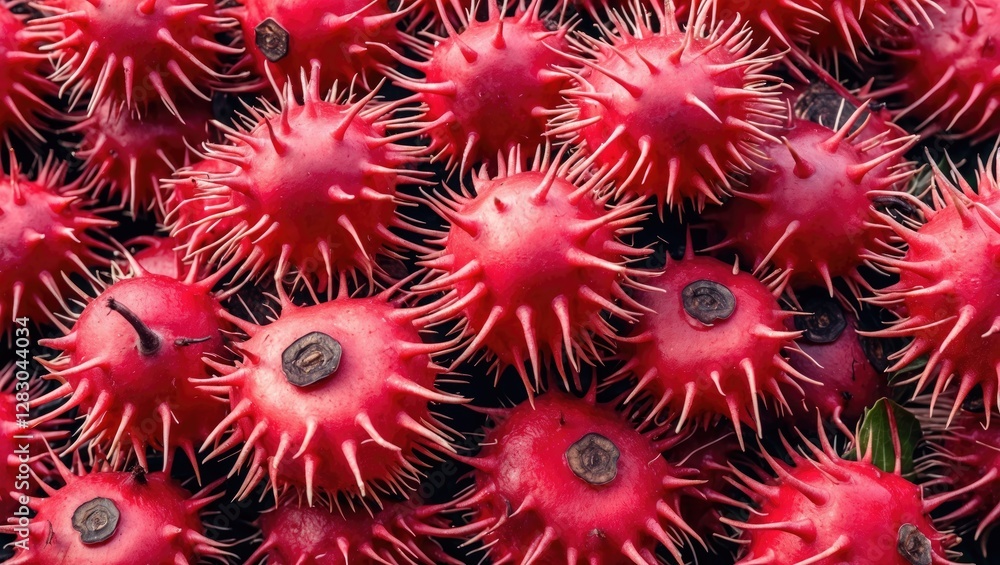 Aufkleber close-up view of spiky red fruits with a textured surface arranged densely on a dark background