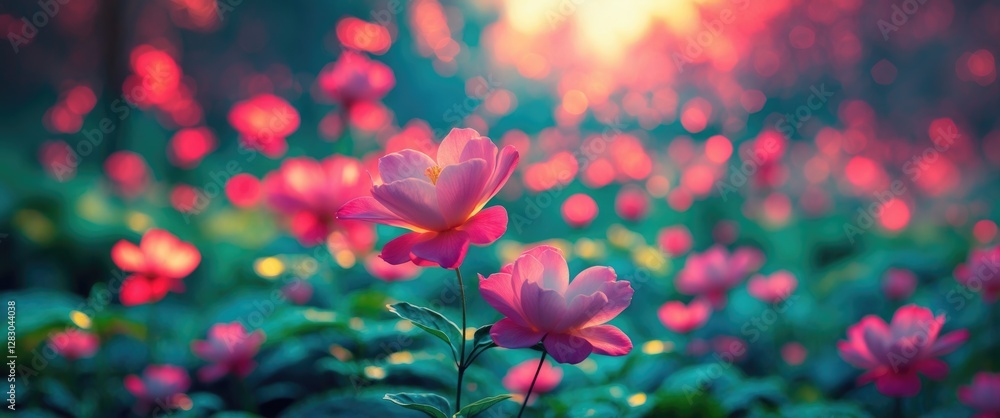 Poster pink flowers in a garden with a blurred background and bokeh effect during sunset creating a colorfu