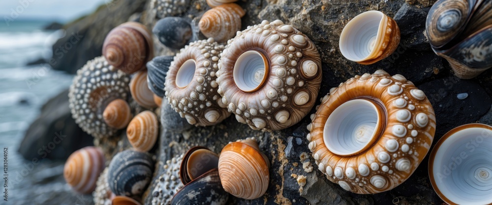 Poster close-up of various colorful sea shells attached to a rocky surface with ocean in the background und