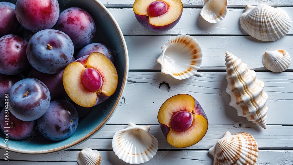 Poster plums and seashells arrangement on rustic wooden table with colored fruits and marine objects in bow