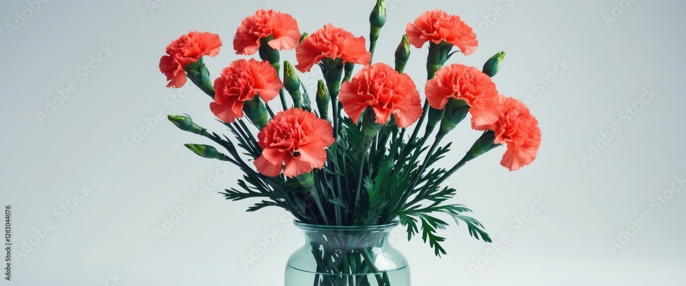 Wall mural Vibrant bouquet of coral carnations elegantly arranged in a clear vase against a minimalist white background