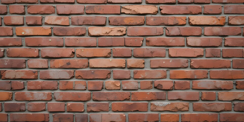 Fototapeta premium Reddish-Brown Brick Wall with Uniform Mortar Lines in a Staggered Pattern, Common Construction Method for Stability and Strength