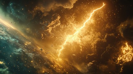 A powerful bolt of electricity from the sky hits the ground or an object.