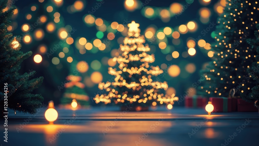 Poster bokeh effect of festive christmas tree lights with a blurred background creating a warm and inviting
