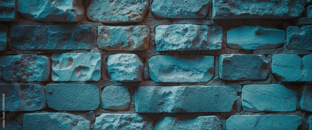 Poster textured blue stone wall with irregular blocks and surface variations in lighting for architectural 