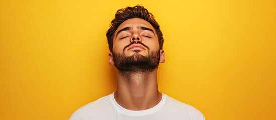 Obraz premium Calm focused man meditating with closed eyes and relaxed expression in front of a bright yellow background wearing a white shirt with a upward gaze