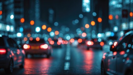 Abstract blur of vehicle lights during nighttime traffic jam in urban setting with vibrant city colors creating a moody atmosphere.