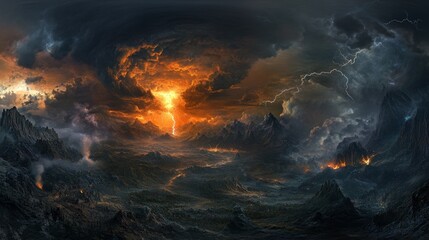 A raging storm rages with dark skies, black clouds, and bright lightning bolts. This panoramic view captures the power and fury of nature's wrath.