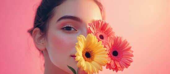 Naklejka premium Cheerful young woman holding vibrant flowers close to her face against a soft pink backdrop, featuring warm tones and dreamy expressions.