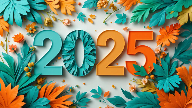 Vibrant 2025 floral paper art design celebrating a new year's arrival with joyful teal and orange hues on a light background.