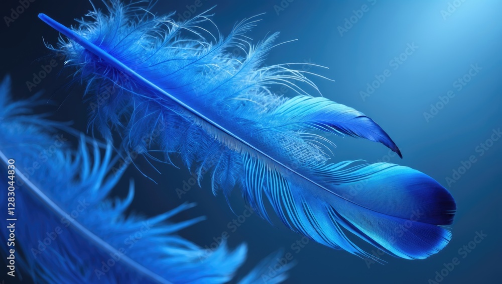 Poster vibrant blue feather close-up on a soft gradient background showcasing intricate textures and detail