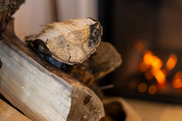 Fireplace. A warm and inviting fireplace with burning logs and flickering flames, creating a cozy atmosphere perfect for relaxation during cold winter days. Selective focus.