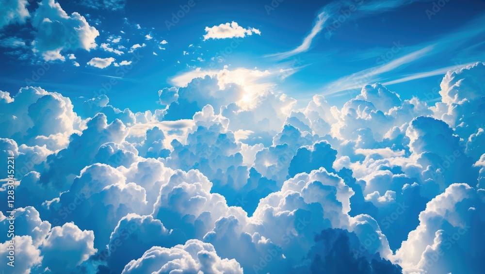 Poster vast blue sky adorned with fluffy white clouds creating a serene and tranquil background ideal for v