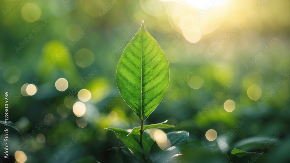 Aufkleber vibrant green leaf illuminated by soft sunlight in a blurred natural background with bokeh effect cr