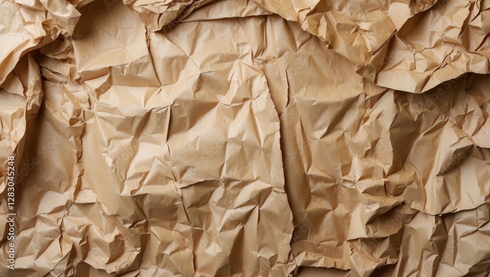 Poster crumpled cream-colored recycled kraft paper texture background with ample copy space for design or t