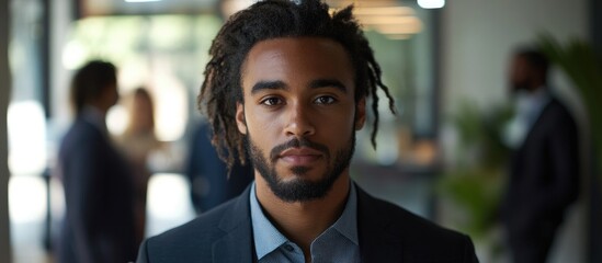 Professional young man with dreadlocks in a dark suit standing in a well-lit modern office space, with blurred colleagues in the background.