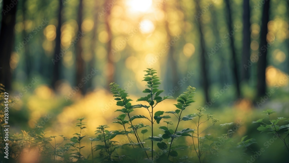 Poster serene summer forest with blurred trees and lush greenery creating a tranquil background ideal for n