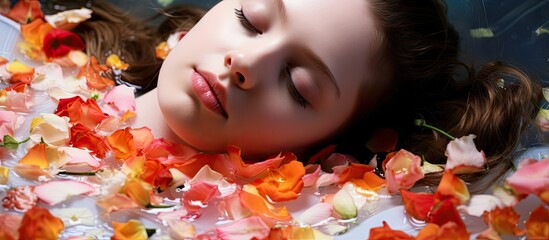 Serene girl relaxing in a milky bath surrounded by vibrant pink and orange flower petals, eyes closed, peaceful expression, soft lighting.