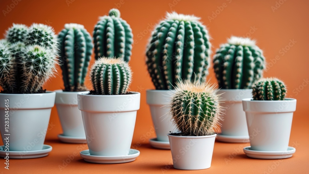 Poster cacti arrangement in white pots on vibrant orange background with space for text and design elements