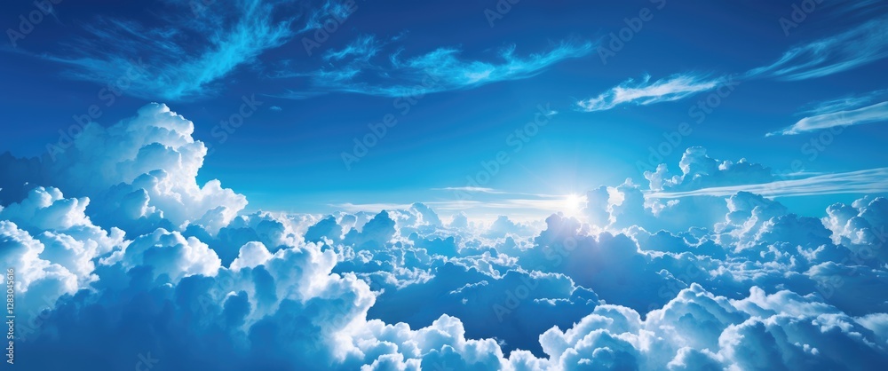 Poster serene blue sky with fluffy white clouds creating a tranquil backdrop ideal for creative designs and