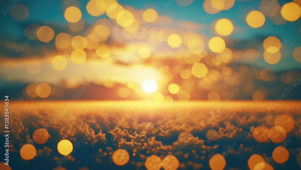 Poster twilight sunset with a blurred golden sky and shimmering bokeh effects creating a serene and atmosph