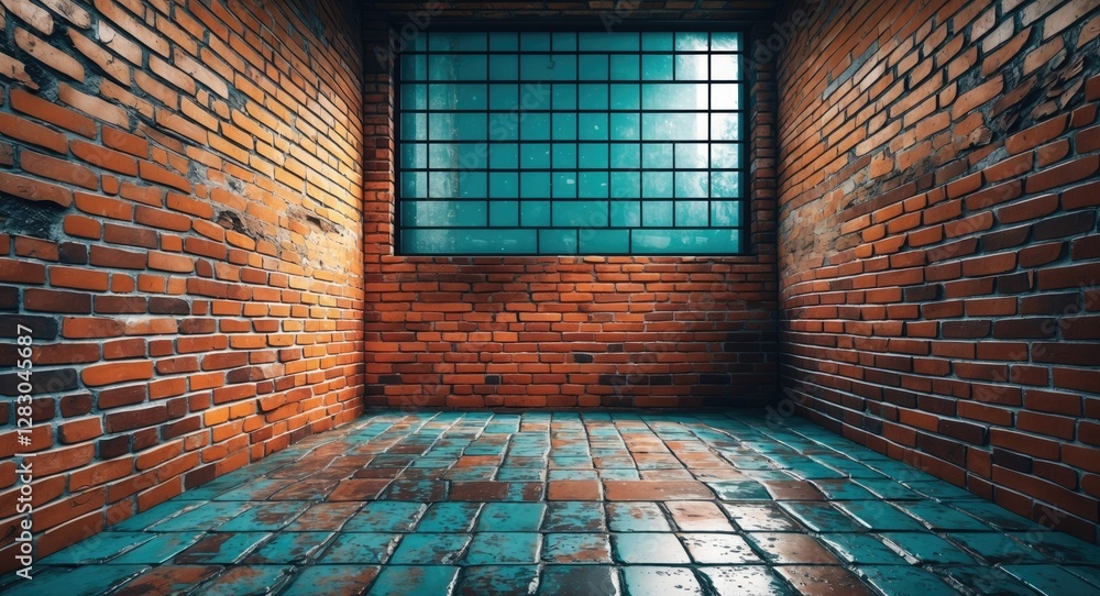 Poster rustic brick wall interior with turquoise tiled floor and large window creating a unique digital bac