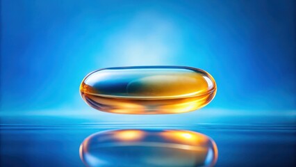 Soft gel capsule in mid-air against a vibrant blue background with soft focus effect