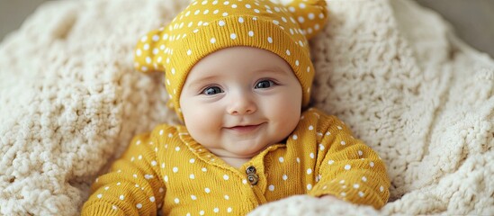 Smiling baby in yellow polka dot hat and sweater nestled in a cozy cream blanket capturing warmth and innocence in soft natural light