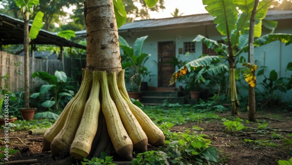 Poster cassava tree trunk with distinctive roots in a vibrant garden setting during morning light near a ho