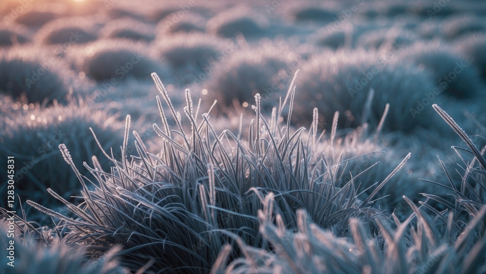 Aufkleber frost covered grass in a field at sunrise with soft bokeh and pastel colors creating a tranquil wint