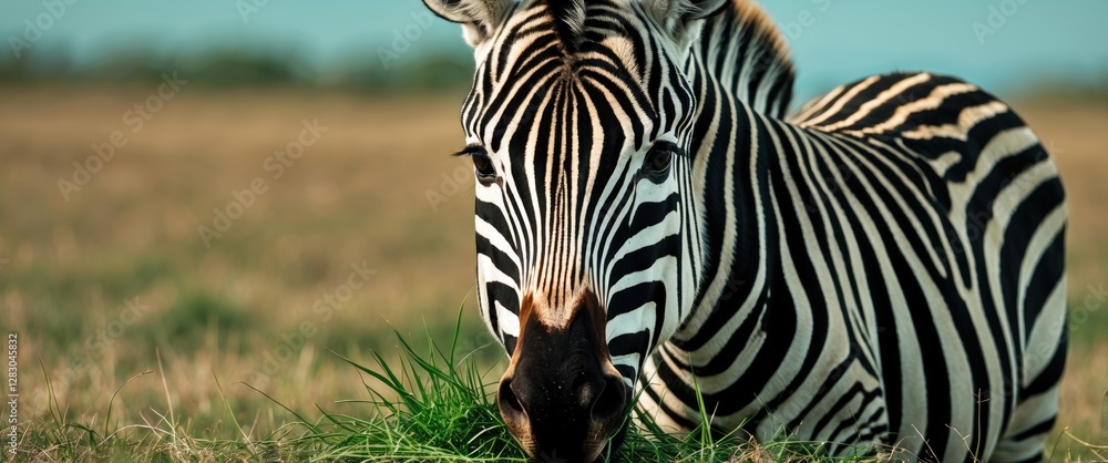 Poster zebra grazing in an open field with soft focus background depicting natural habitat environment