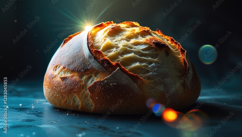 Poster artisan bread loaf with crispy crust and open crumb structure illuminated by soft light against a da