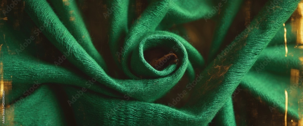 Poster green fabric close-up with twisted texture, showcasing soft textile surface and rich color saturatio
